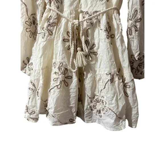 Camellia Embroidered 3D Floral Cottage Mini Dress Women Medium Cream Puff Sleeve - Picture 10 of 16